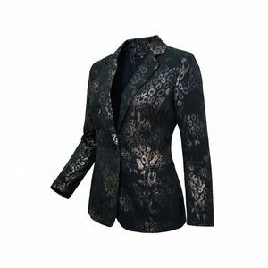 One n More Womens Metallic Leopard Print Blazer Black Bronze Silver Small